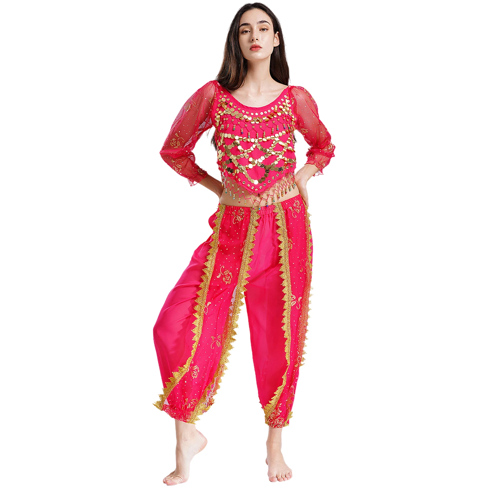 

Womens India Bollywood Costume Belly Dance Outfits Puff Sleeve Lace-up Sequins Crop Top with Bloomers Pants Carnival Dancewear