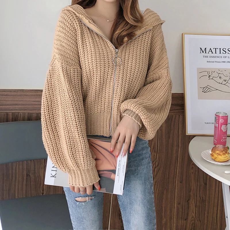 

Casual Hooded Solid Color Lantern Sleeve Cardigan Sweater Fashion Zipper Loose Knitted Jacket Autumn New Women's Knitwear