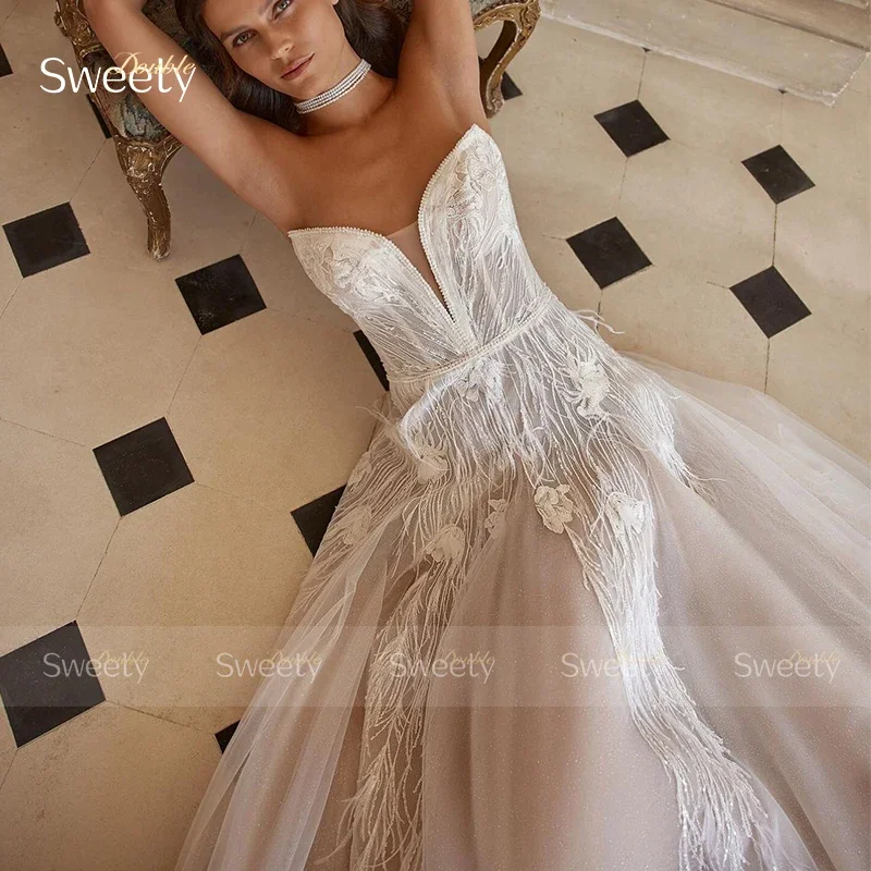 Vestido de Noiva com Bordado, A-Line, Floor Length, 3 Daisy Flower, Ball Gown, Sleeveless, Strapless, V-Neck, Bride Dress with Zip