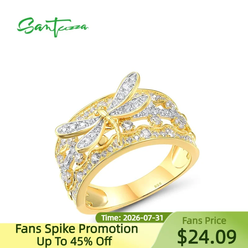 SANTUZZA Authentic 925 Sterling Silver Rings For Woman Sparkling White Cubic Zircon Dragonfly Fashion Party Gift Fine Jewelry