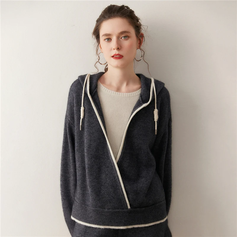 

Heavyweight Women's Sweater Pullover 100% Cashmere Fake Two Piece Hooded Pullover Warm Clothes Autumn Winter Sweater Casual Knit