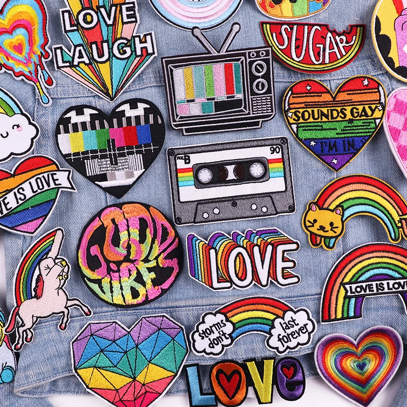 Cartoon TV Tape Patch Rainbow LGBT Love Heart Embroidered Patches For Clothing DIY Iron On Patches For Clothing Sew Stickers DIY