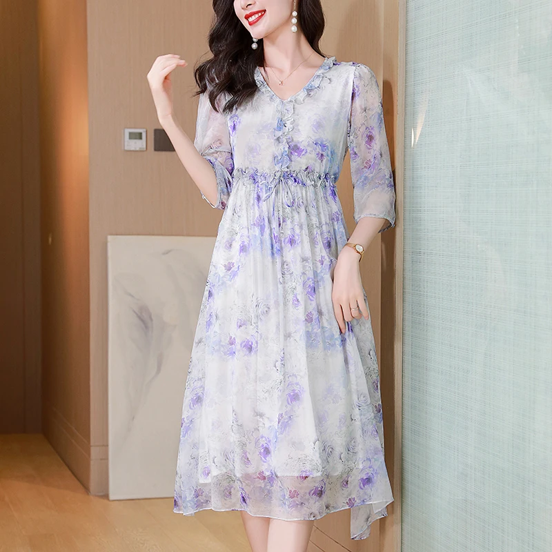 Elegant Chic Dresses for Women 2026 Summer Holiday V-neck Women's Floral Print Dress A-line 100% Real Silk Woman Long Dress