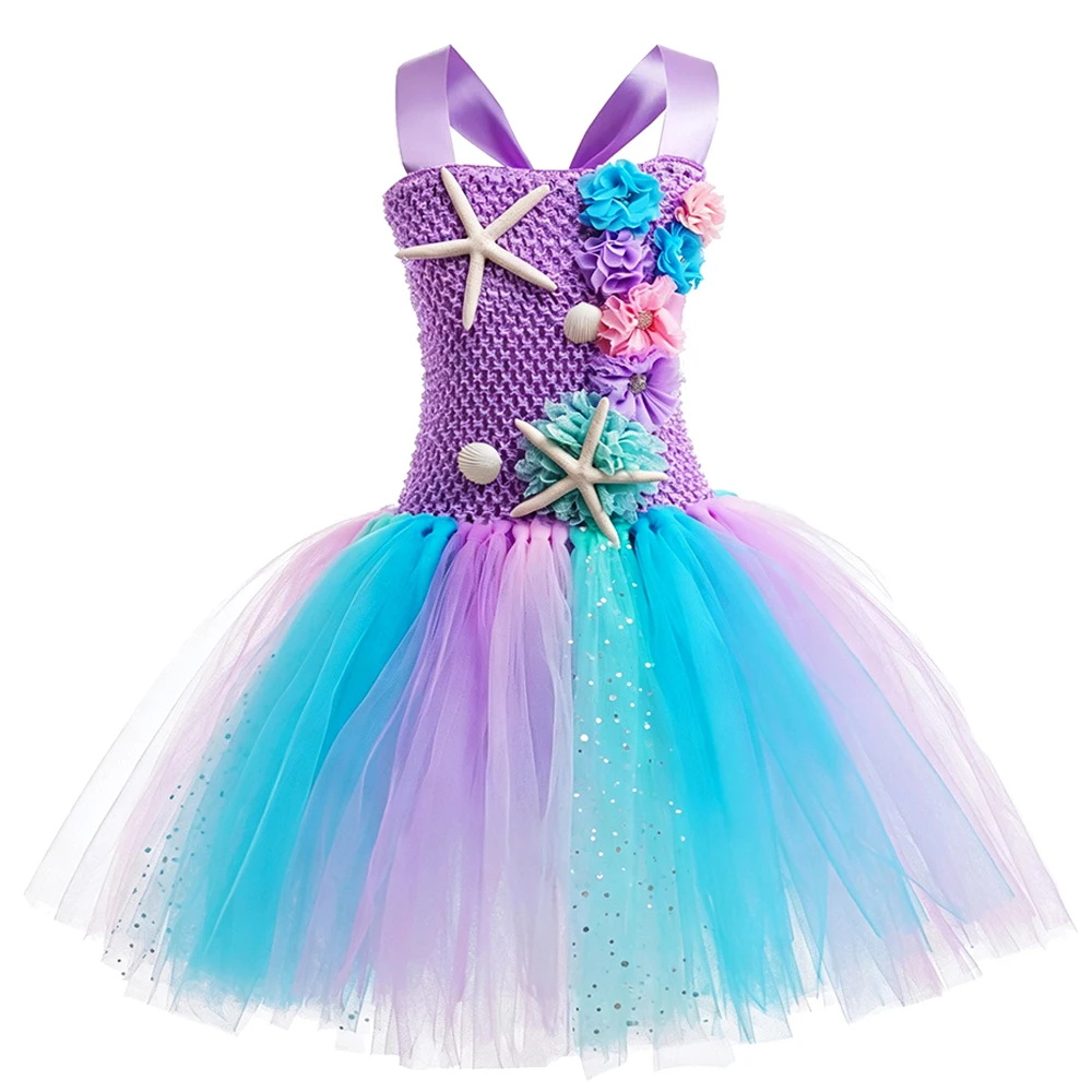 Cute Mermaid Tutu Dress With Coral Starfish Appliques Off Shoulder Wand Crown Necklace Hair Ring For Toddler Birthday Party Gift