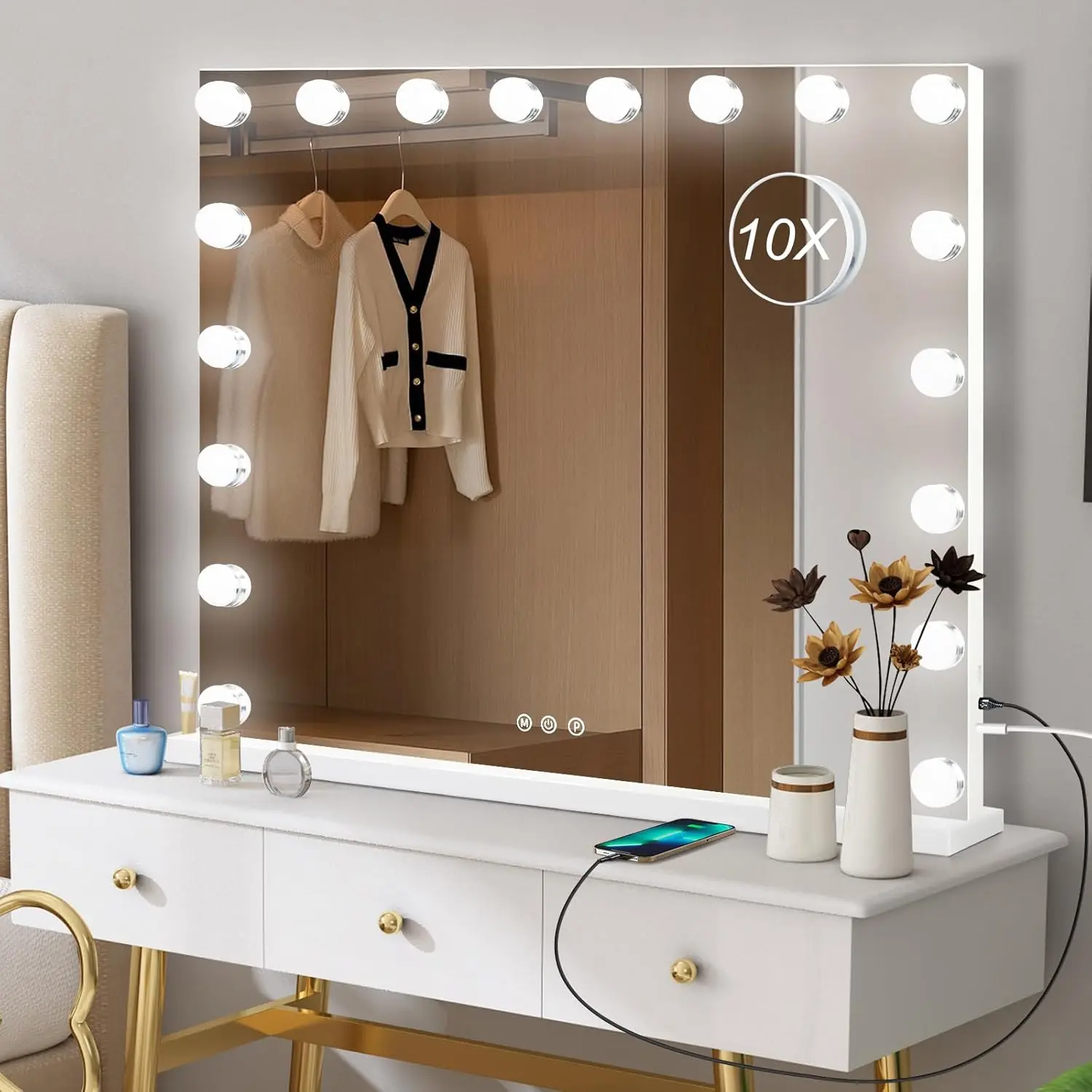 

Hollywood Vanity Mirror with 18 Dimmable Lights, 10X Magnification, 3 Color Modes, Aluminum Frame, USB Port (32" x 24")