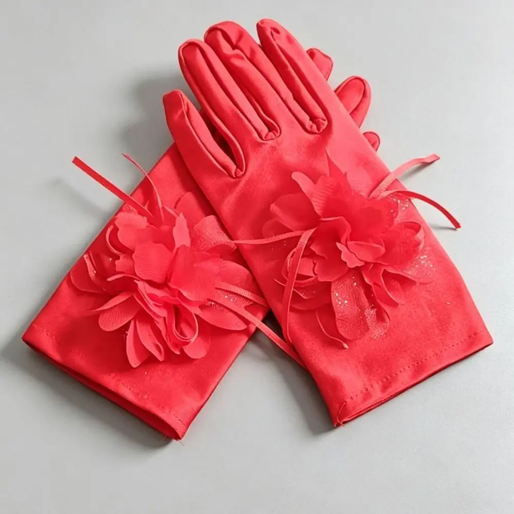 New Short Style Satin Bridal Glove Flower Decor Elegant Evening Glove Exquisite Smooth Party Costume Glove Ceremony