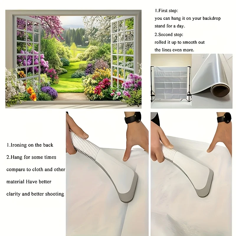 2D flaches 1-teiliges Polyester-Banner mit Frühlingsgartenlandschaft, durch das Fenster, perfekte Wohnzimmerdekoration und Raumdekoration – Detail 9