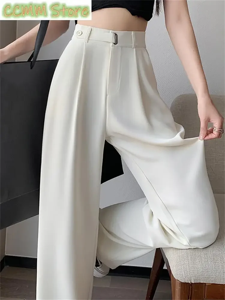 New Solid Pants for Women Fashion Office Ladies Folds High Waist Pants Vintage Elegant Casual Full Length Pants