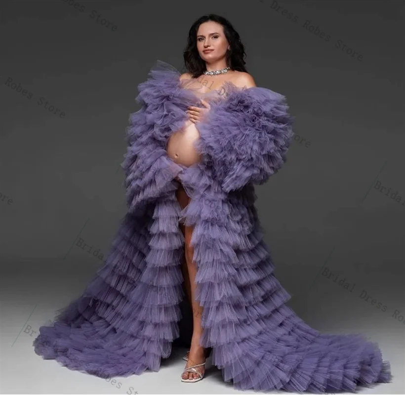 Luxury Purple Women Pregnant Wedding Prom Dress Sexy V Neck Maternity Bridal Evening Gown Tiered Tulle Mesh Customized Robe