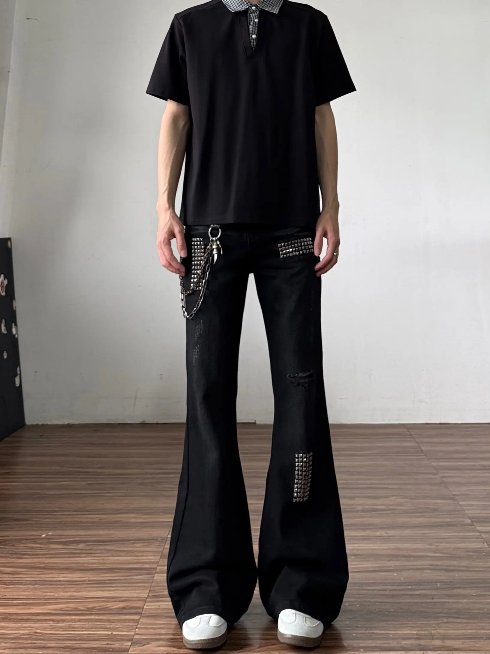 

Retro American High Street Men's Jeans Bell Bottoms Washed Outfit Hole Rivet Slim Fit Subculture Trousers Trendy Spring Jeans