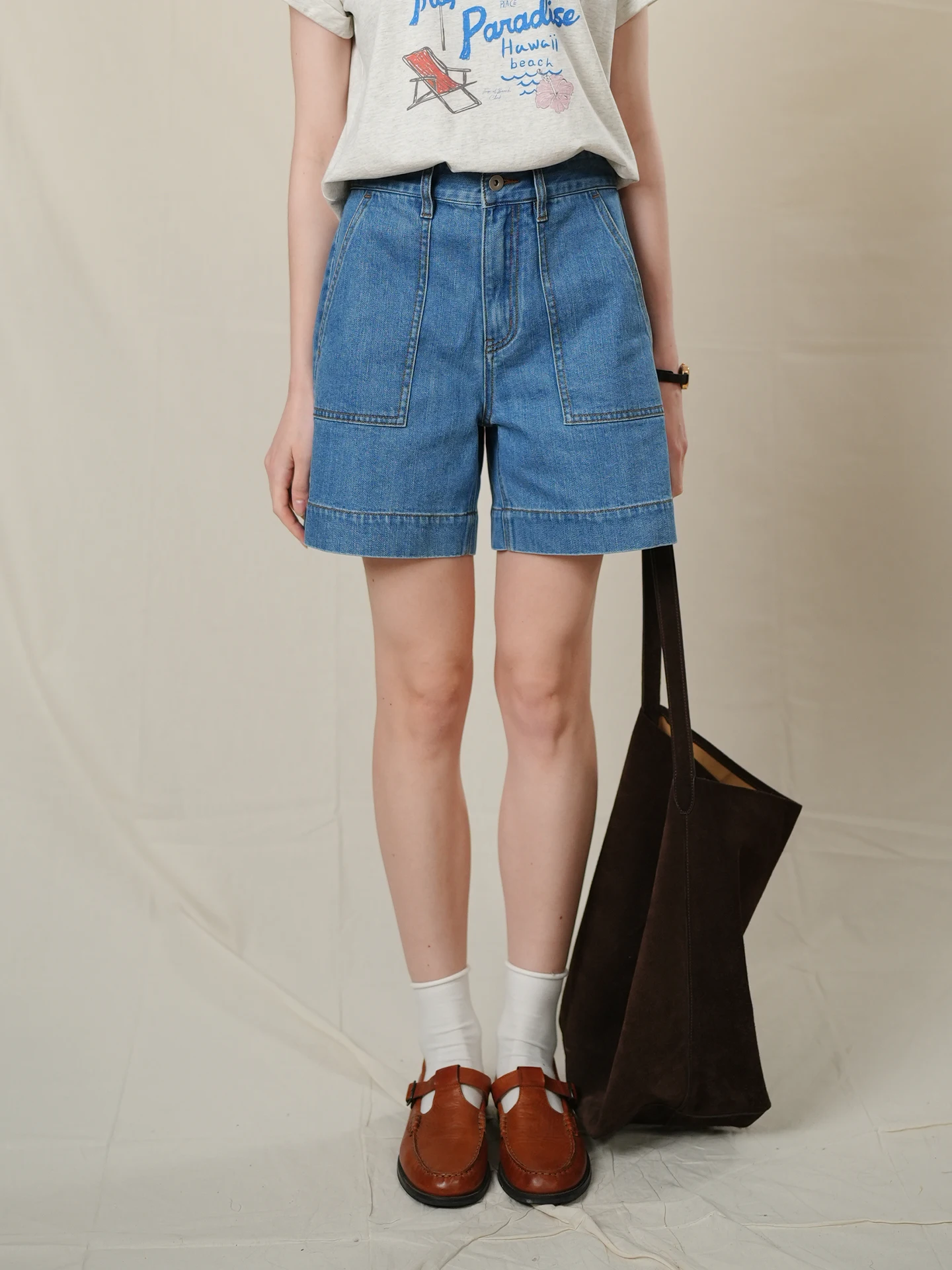 

MarchNoon Vintage Blue Denim Short Pants Summer Acetate Cotton High Waist Straight Leg Pockets Casual Ladies Jeans