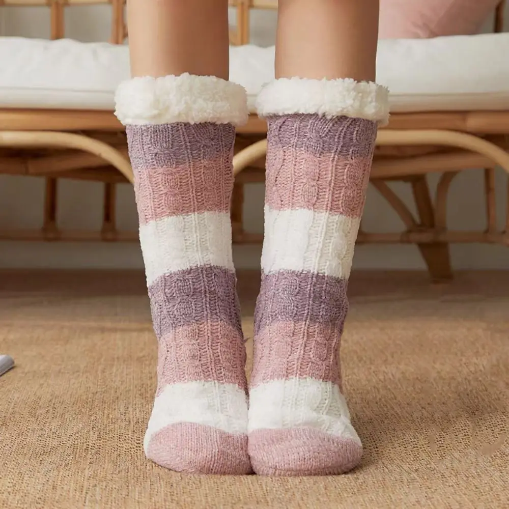 

Cute Fried Dough Twist Stripe Fleece Socks Thicken Warm Sleeping Socks Women Soft Plush Coral Fleece Socks Fall Winter
