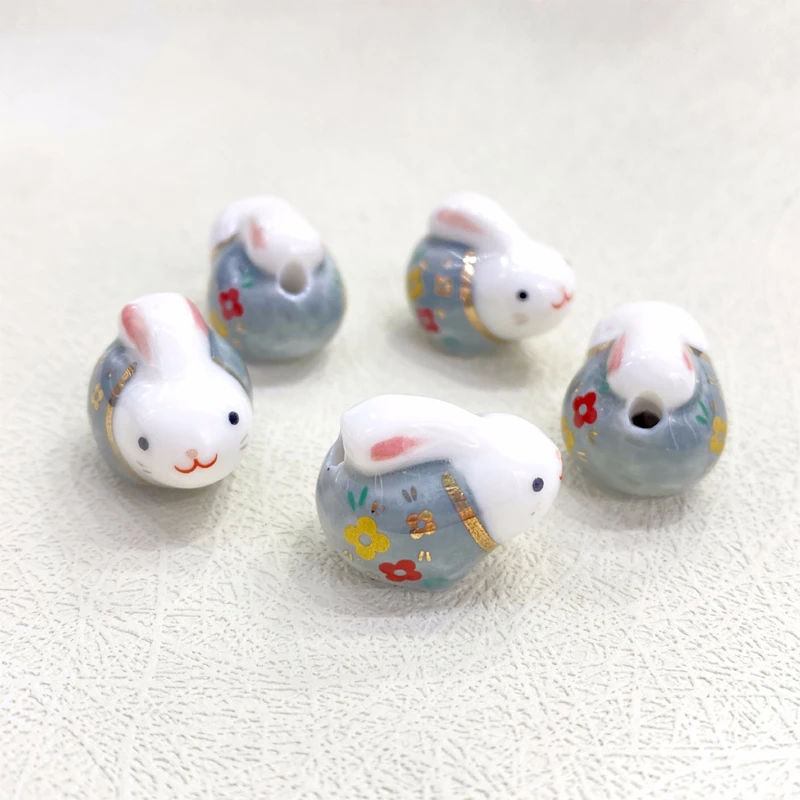 5pcs Lovely Rabbit Pottery Ceramic Beads Pendant 20x16x14mm Cartoon Animals Loose Porcelain Beads For Jewelry Making Accessories