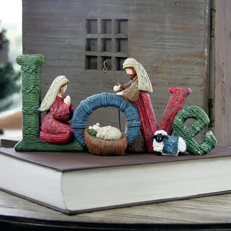 Christmas Decor Elegant Nativity Set Ornament Holy Family Love Delightful Beautiful Letter Resin Crafts Home Decoration