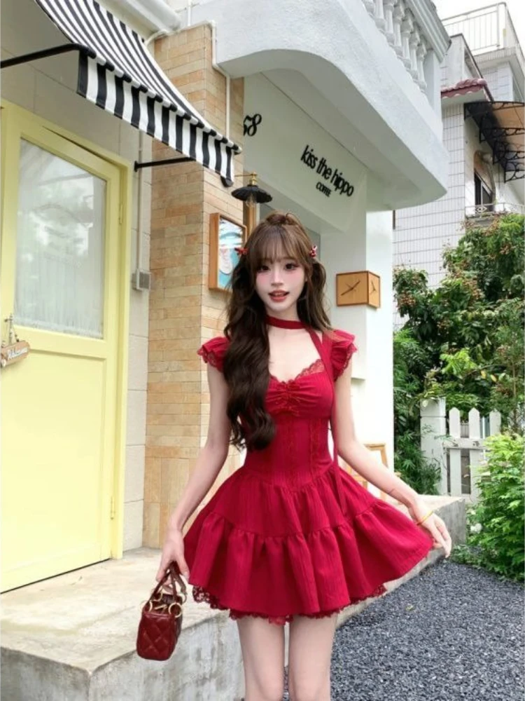 Korean Fashion Y2k Red Elegant Party Wedding Dresses Woman Clothing Holiday Lace Short Mini Dresses Summer One-piece Dress 2025