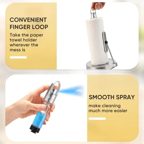 

Stainless Steel Countertop Paper Towel Dispenser With Portable Spray Bottle And Finger Loop For Easy Cleaning