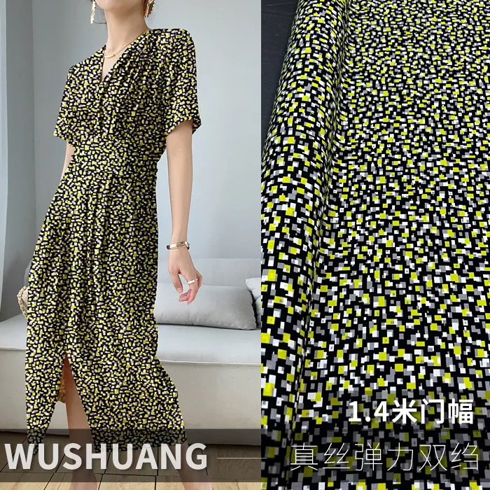 Green Ditsy Abstract Print Silk Stretch Crepe De Chine Fabric Mulberry Silk Material for Dresses  blouse