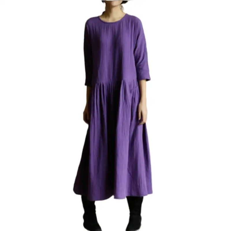 

2024 Spring Autunm Women O-neck long sleeve cotton linen dress,comfortable vintage dress with pockets,brand dress