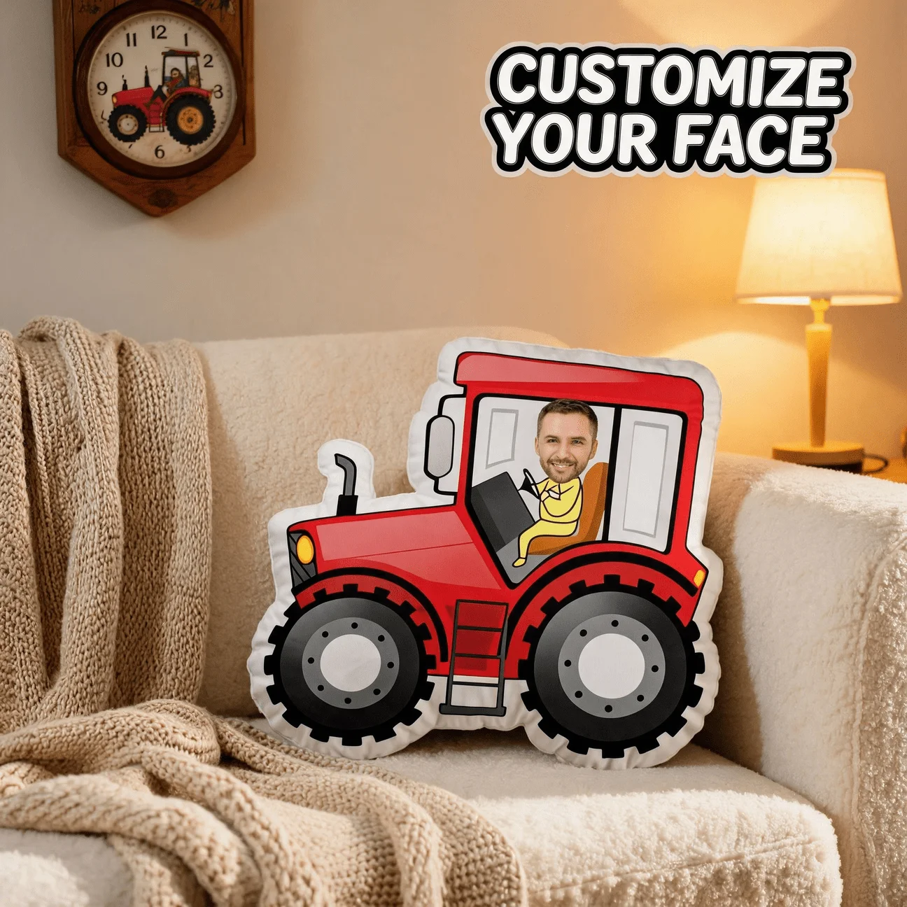 Custom Photo Tractor Shaped Pillow, Personalized Face in Red Vehicle Decorative Cushion, 70CM Novelty Accent Pillow for Sofa And
