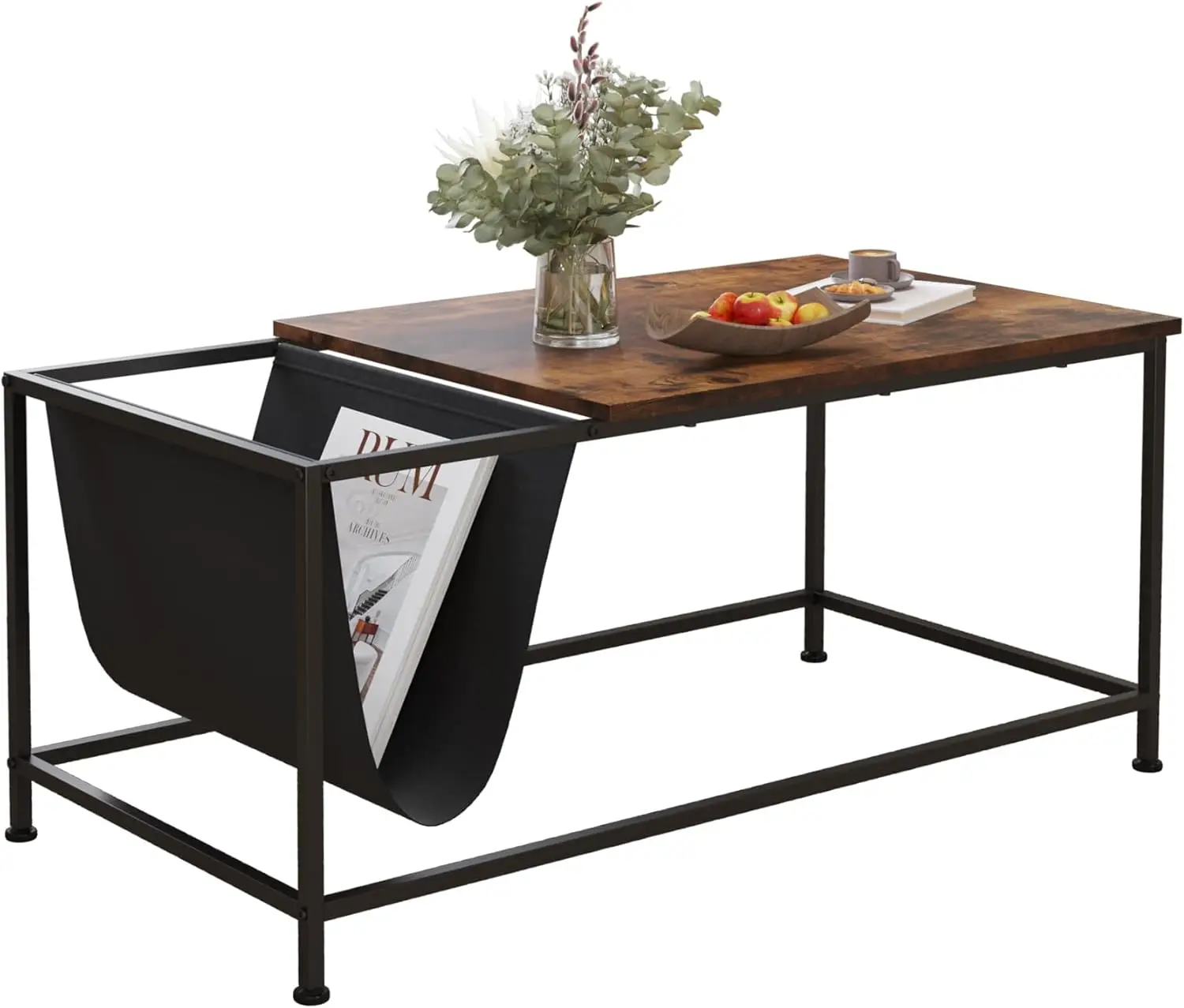 Rectangle Wood and Metal Coffee Table with Storage Shelf for Small Living Rooms with Pocket