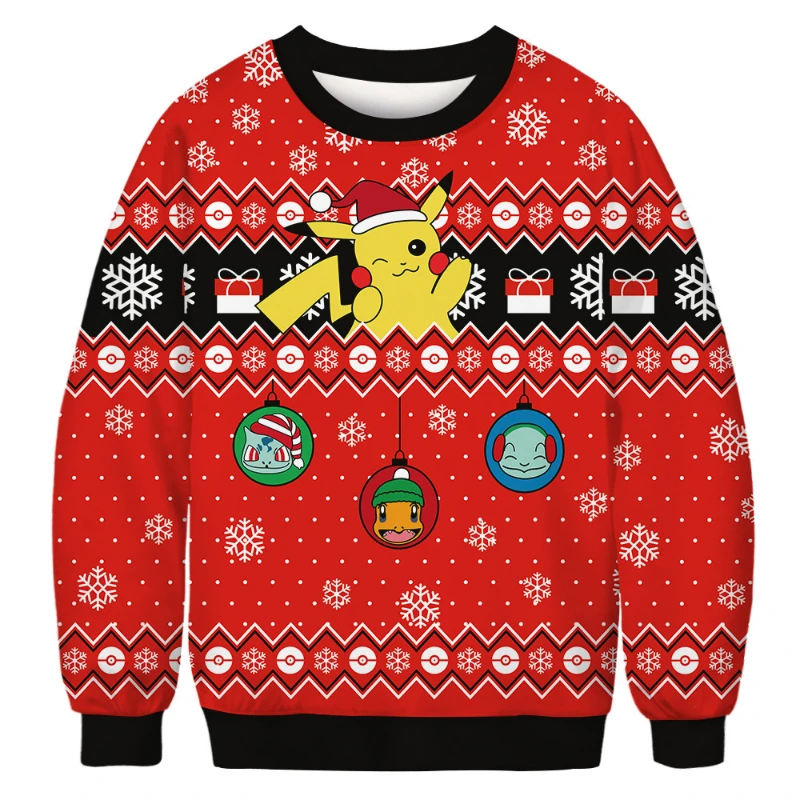 Pokemon Anime Christmas Pikachu Sweater Charmander Bulbasaur Squirtle Couple Warm Long-sleeved Tops Christmas Gift for Children