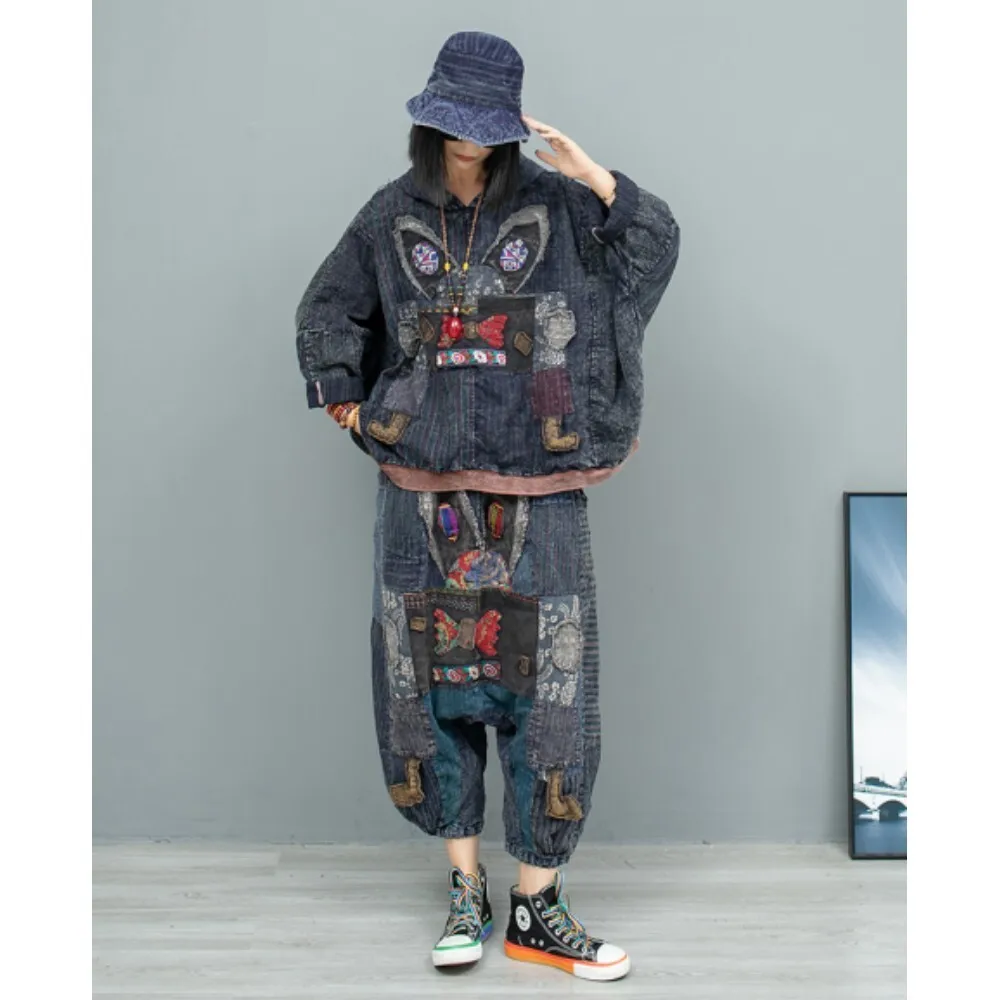 

Old Fabric Splicing Hooded Long Sleeved Top + Wide Crotch Pants Two-piece Set Women Outfit 2024 Autumn Pant Set LX2272