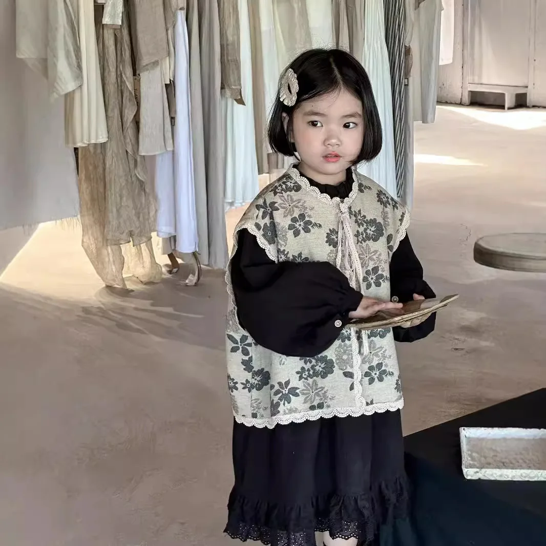 Children Skirt 2024 Autumn New Product Korean Children Clothing Korean Vintage Loose Long Sleeve Lace Edge Black Girls Dress