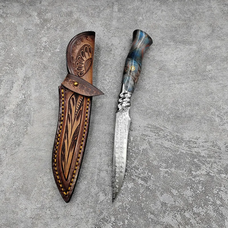 Imported Forged Damascus Steel Wooden Handle Fixed Blade Hunting Tactical Knife Outdoor Camping Self-defense Straight Knife