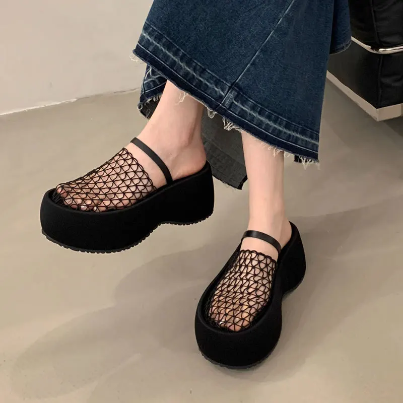 

2025 Hot Seller Summer New Mesh Hollow Breathable Baotou Half Slippers for Women, Thick Bottom Roman Sponge Cake Cool Slippers