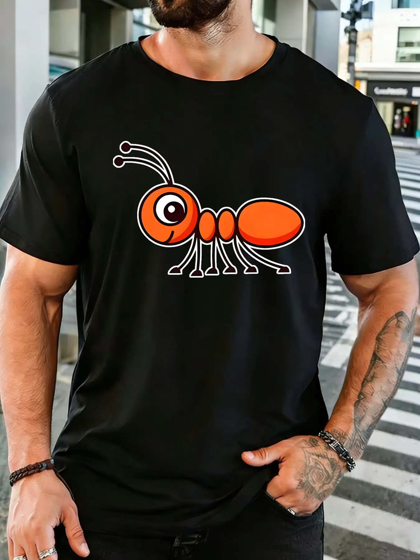Cute Big Eye Orange Cartoon Ant Graphic Mens Soft Cotton Short Sleeve Tshirt Loose Insect Theme Casual Daily Street Wear Tee