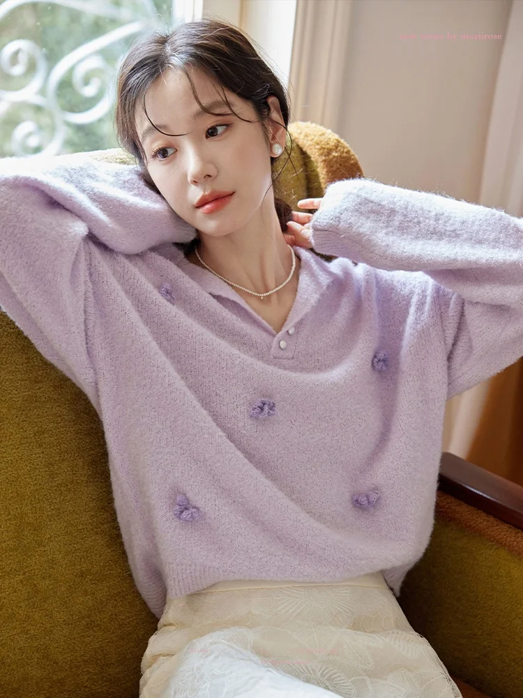 

Moriirose Vintage Women's Knitted Sweater with Collar Flower Circle Yarn Loose Fit Long Sve Overhead Top Purple ey