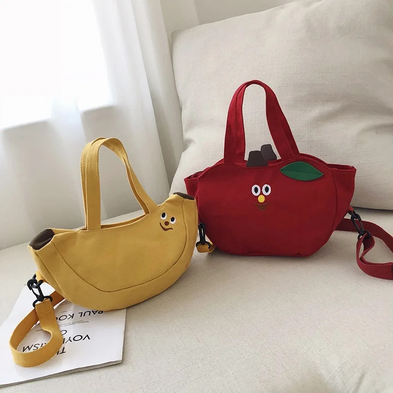 Versatile Banana Apple Cartoon Girl Crossbody Bag Cartoon Canvas  Cute Fruit Shoulder Bag