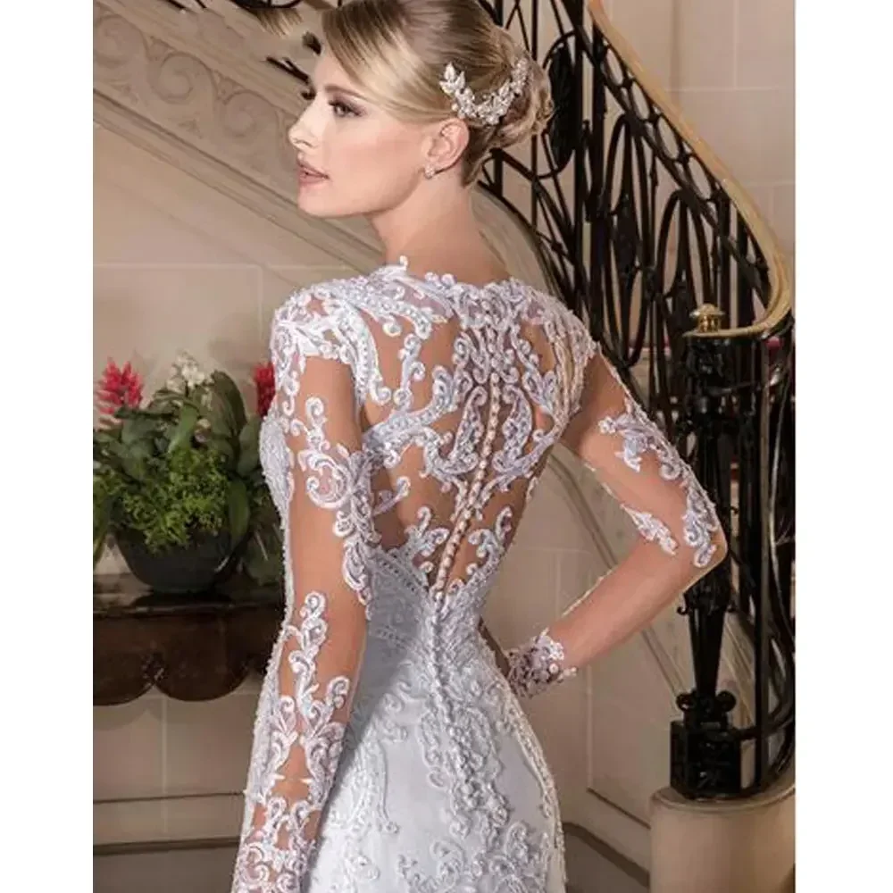 Maßgeschneiderte Brautkleider mit langen Ärmeln, bestickte Spitze, Meerjungfrau-Applikationen, weiße Brautkleider, Europa, neu