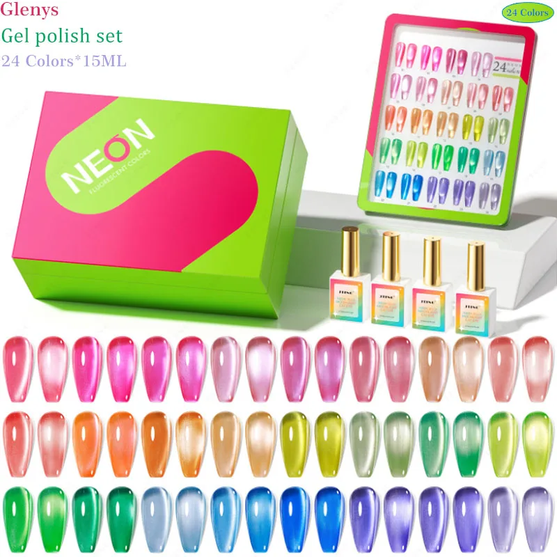 Glenys 24 Color Neon Cat Eye Nail Polish Gel Net Red Popular Natural Formula Silky Dipping Gel Color Matching Card Varnish Set