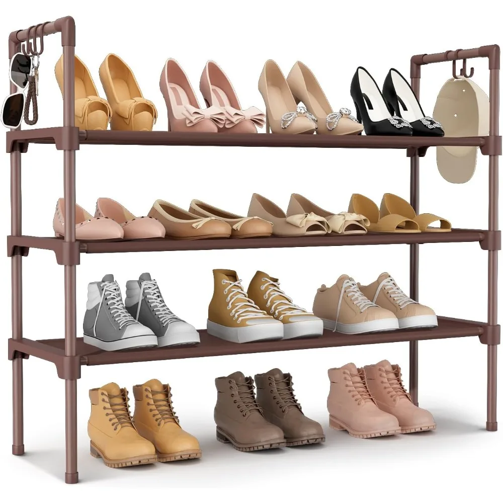 

3 Tier Shoe Rack for Closet Shoe Organizer with 5 Hooks, Long Shoe Shelf Storage for Shoe and Boot Stackable Free Standing Shoe