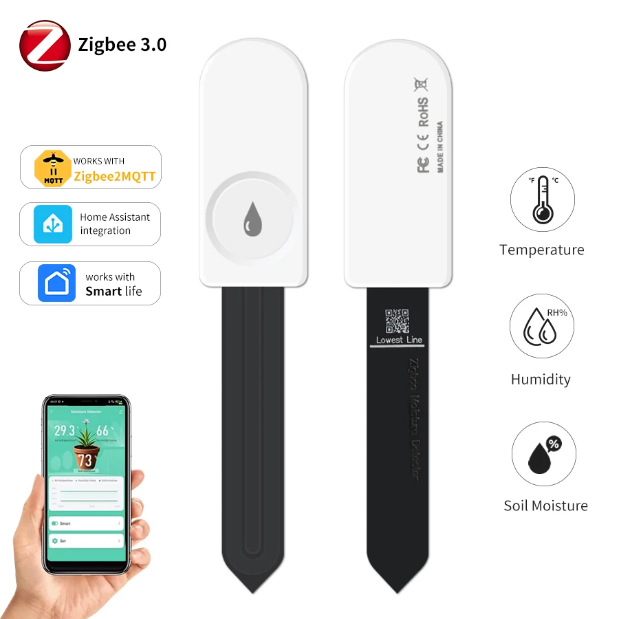 Zigbee Moisture Sensor Temperature Humidity Detector Tuya Soil Tester Realtime Monitor Works with Smart Life MQTT Home Assistant