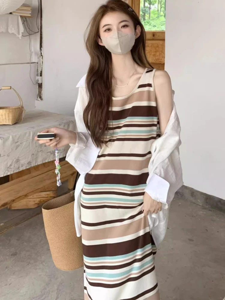 Women Dresses Bohemian Beach Style Comfortable Summer Versatile Mori Girl Holiday Pullover Colorful Striped Y2k American Tassel