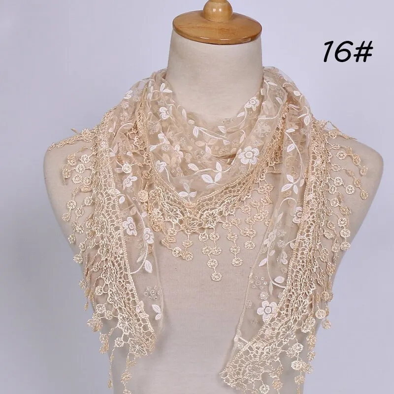 Women Embroidered Lace Tassel Scarf Triangle Fringe Solid Color Shawls Fashion Lightweight Prayer Hijab 150*40cm