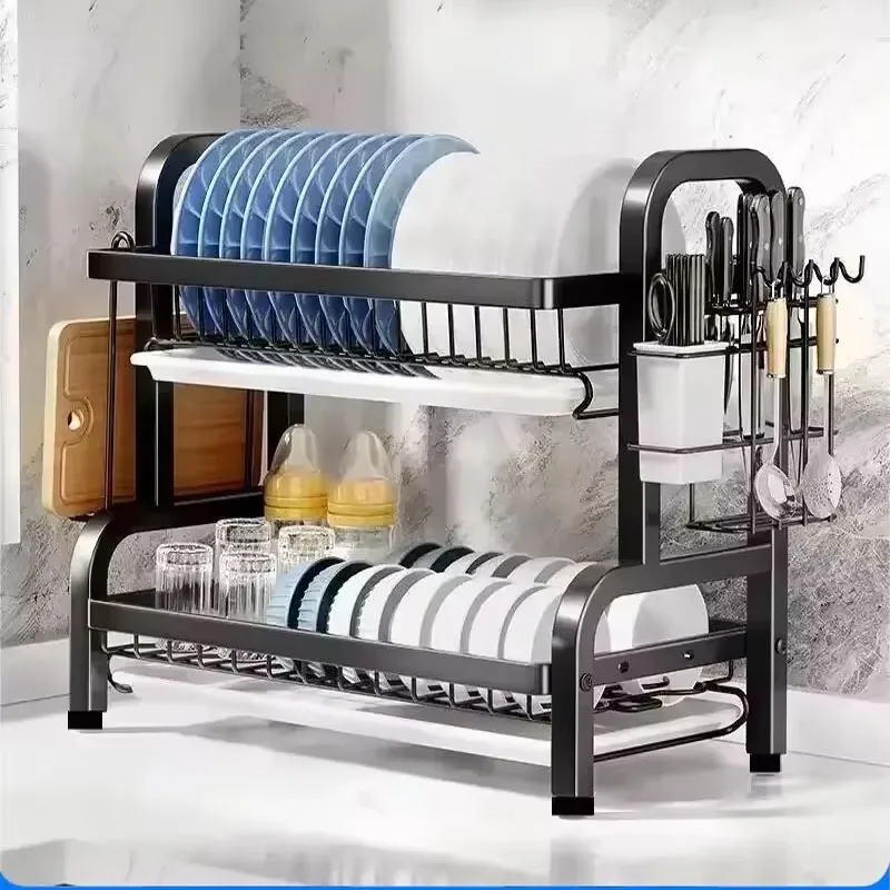 Scolapiatti In Acciaio Inossidabile A 2 Livelli Con Portautensili, Compatto, Antiruggine, Organizer Da Cucina, Stendino Per Piatti-image