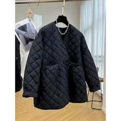 Quilted Coats Women Rhombic Lightweight Cotton Added Korean Style V-neck Lace-up Jackets Casual Vintage Winter Clothes Women