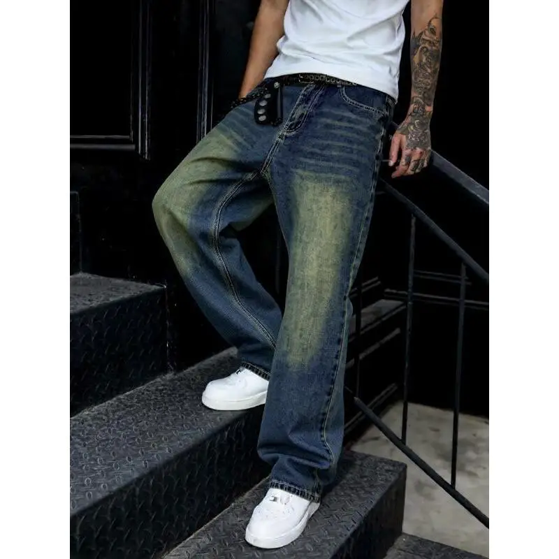 Washed Loose Straight Leg Denim Jeans for Men Y2K Casual Style Non-Shrinkage Comfortable Fit Drawstring Neutral Jeans