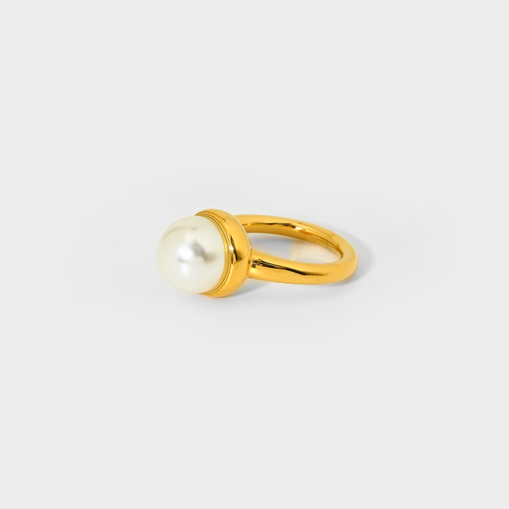 

INS Trendy 18K Gold Plated Stainless Steel Simulated Pearls Ring for Women Waterproof Ring Jewelry Gift