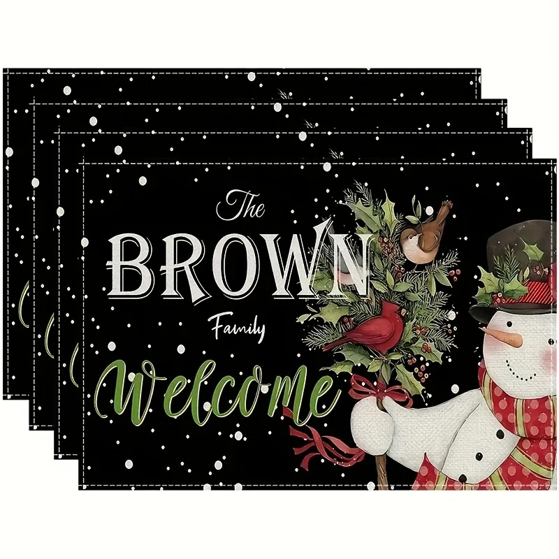 4/6/8pc Let It Snow Funny Snowman Linen Placemats Winter Holiday Party Kitchen Dining Table Decor Washable Heat Resistant