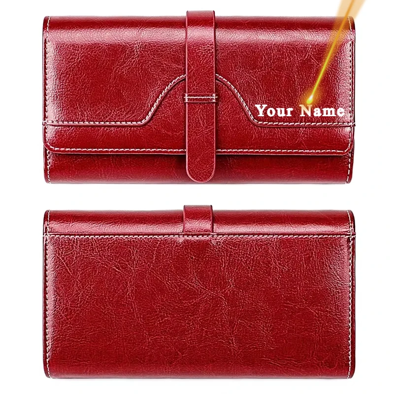 Women Genuine Leather Long Wallet Personalized Gift for Her Engraving Name Card Holder Wallet Phone Bag Coin Pocket Zipper Purse