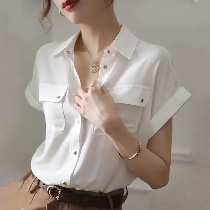 2025 NewSummer Blouses Shirts Women Short Sleeve Tops Solid Lapel Pockets White Shirts Office Lady Korean Female Clothing Blusas