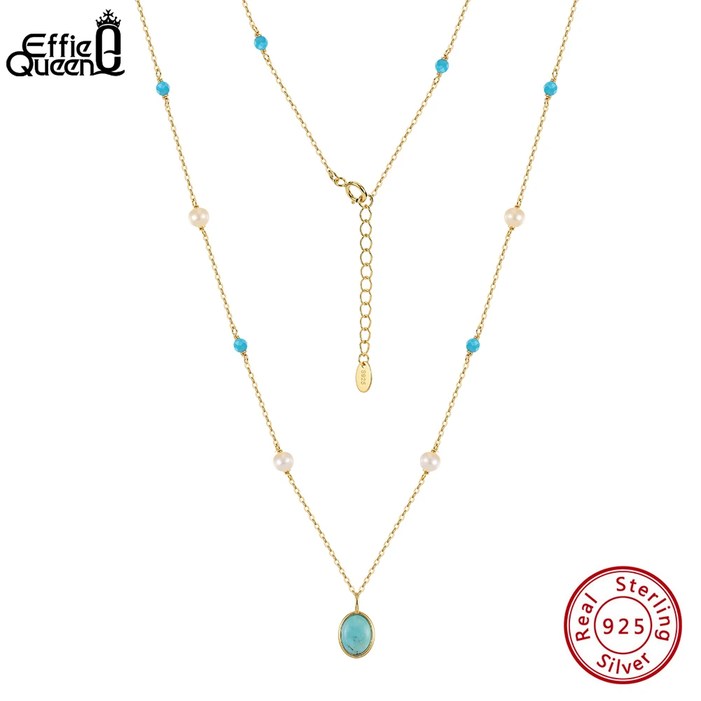 EFFIE QUEEN 925 Sterling Silver Fashion Turquoise Oval Pendant Link Chain Charm Necklace White Pearls Daily Fine Jewelry MPN18