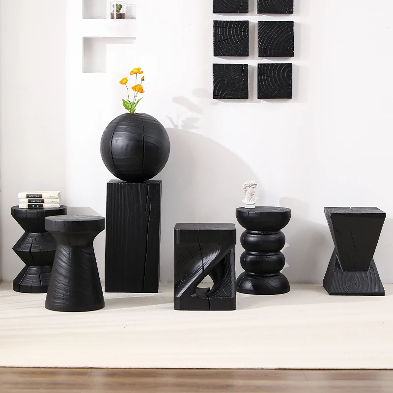 Wabi-Sabi Charred Wood Side Table Handcrafted Tree Stump Stool with Natural Texture Bedside Coffee Table for Home Decor