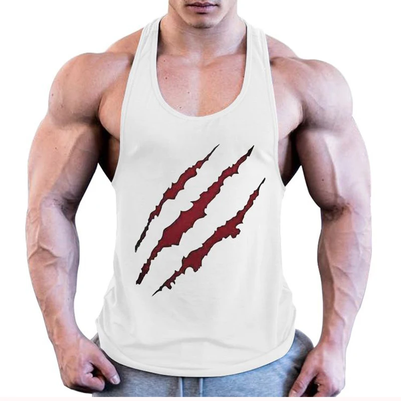 Summer GYM Plus Size Men\'s Beast Fitness Sports 100% Cotton Training Blood Claw Print I-shaped Vest Personality New