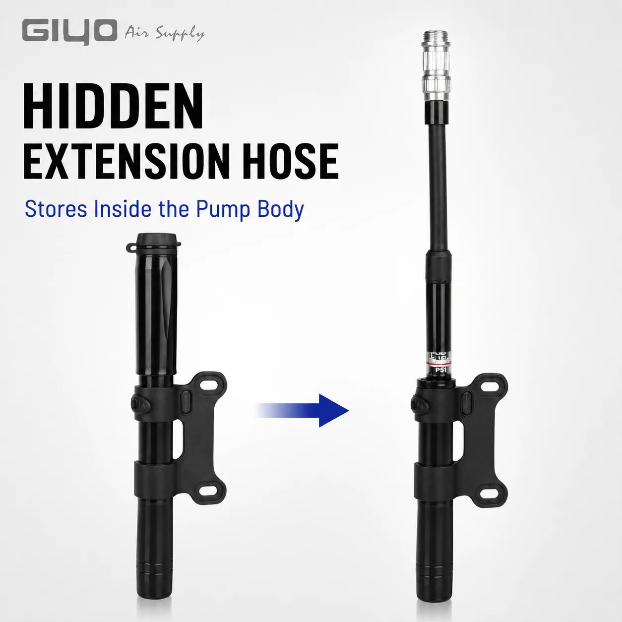 GIYO 120PSI Mini Bicycle Pump Hidden Extension Hose Schrader Presta Valve Aluminum Alloy Inflator for Road MTB Cycling