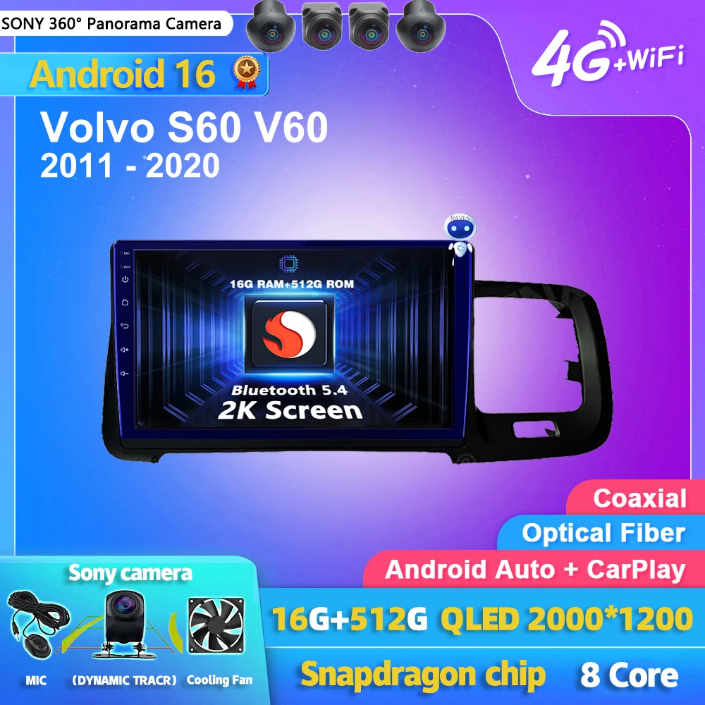 Android 16 Carplay Auto 2K Screen Car Radio Multimedia Player For Volvo S60 V60 2011 - 2020 2din Autoradio Stereo Head Unit